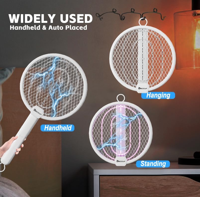 Buzzeap Electric Fly Swatter, Foldable 3 in 1 Electric Mosquito Swatter, Bug Mosquito Zapper with UV Light, 3 Layers Mesh Fly Zapper for Kitchen, Home, Garden and Outdoors