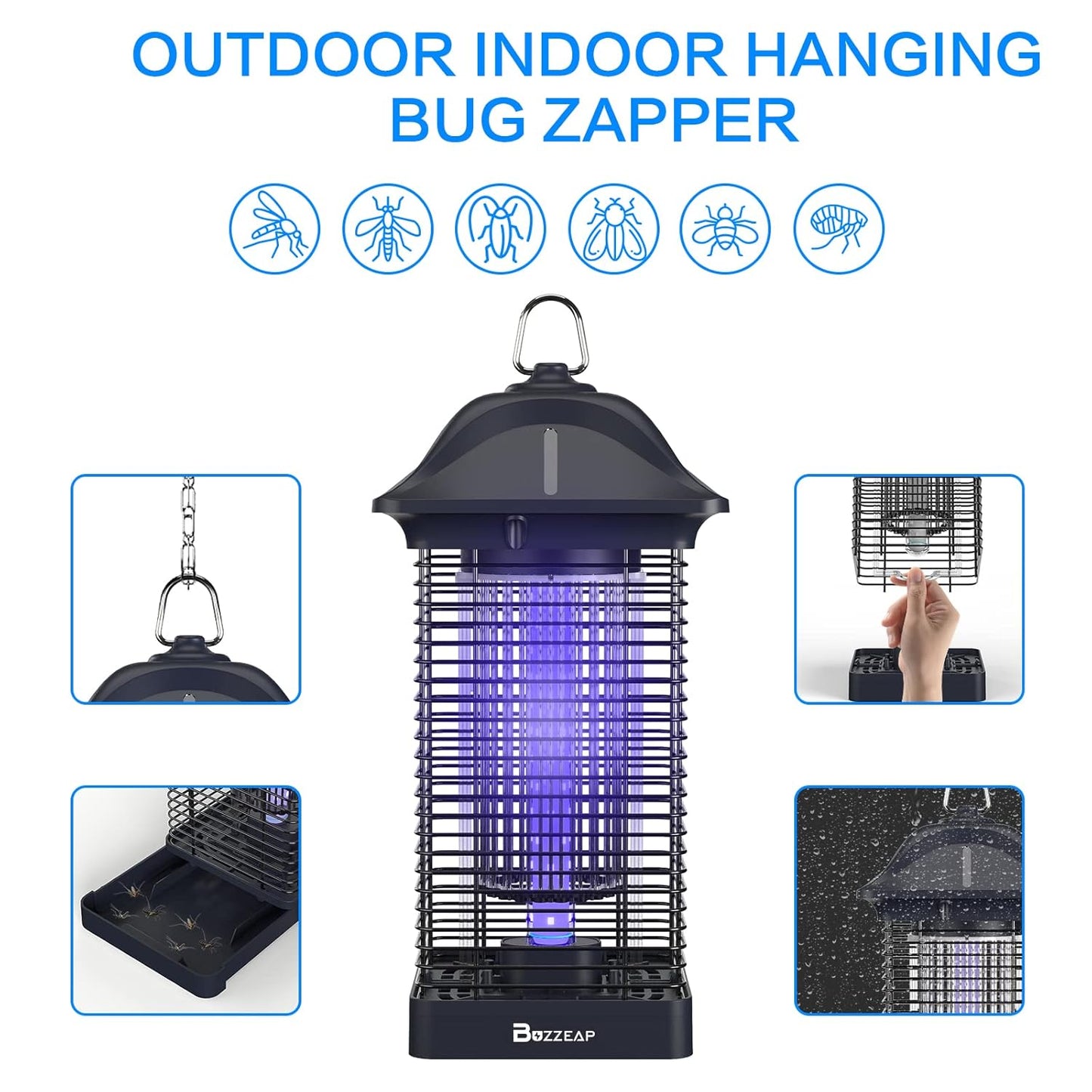 Buzzeap Mosquitoes Killer Lamp, 4200V Electric Bug Zapper, Electronic Mosquito Zapper, 360° Attract Electric Fly Catcher, for Home Backyard Camping, LED 365nm UV Light, IPX4 Waterproof, Non-Toxic