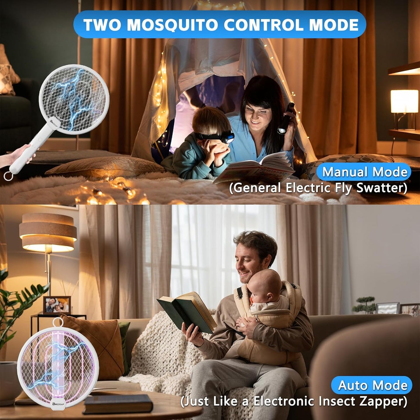 Buzzeap Electric Fly Swatter, Foldable 3 in 1 Electric Mosquito Swatter, Bug Mosquito Zapper with UV Light, 3 Layers Mesh Fly Zapper for Kitchen, Home, Garden and Outdoors