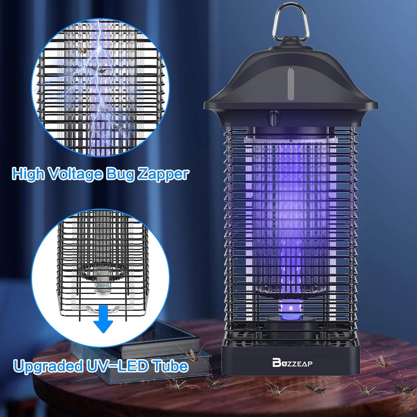 Buzzeap Mosquitoes Killer Lamp, 4200V Electric Bug Zapper, Electronic Mosquito Zapper, 360° Attract Electric Fly Catcher, for Home Backyard Camping, LED 365nm UV Light, IPX4 Waterproof, Non-Toxic