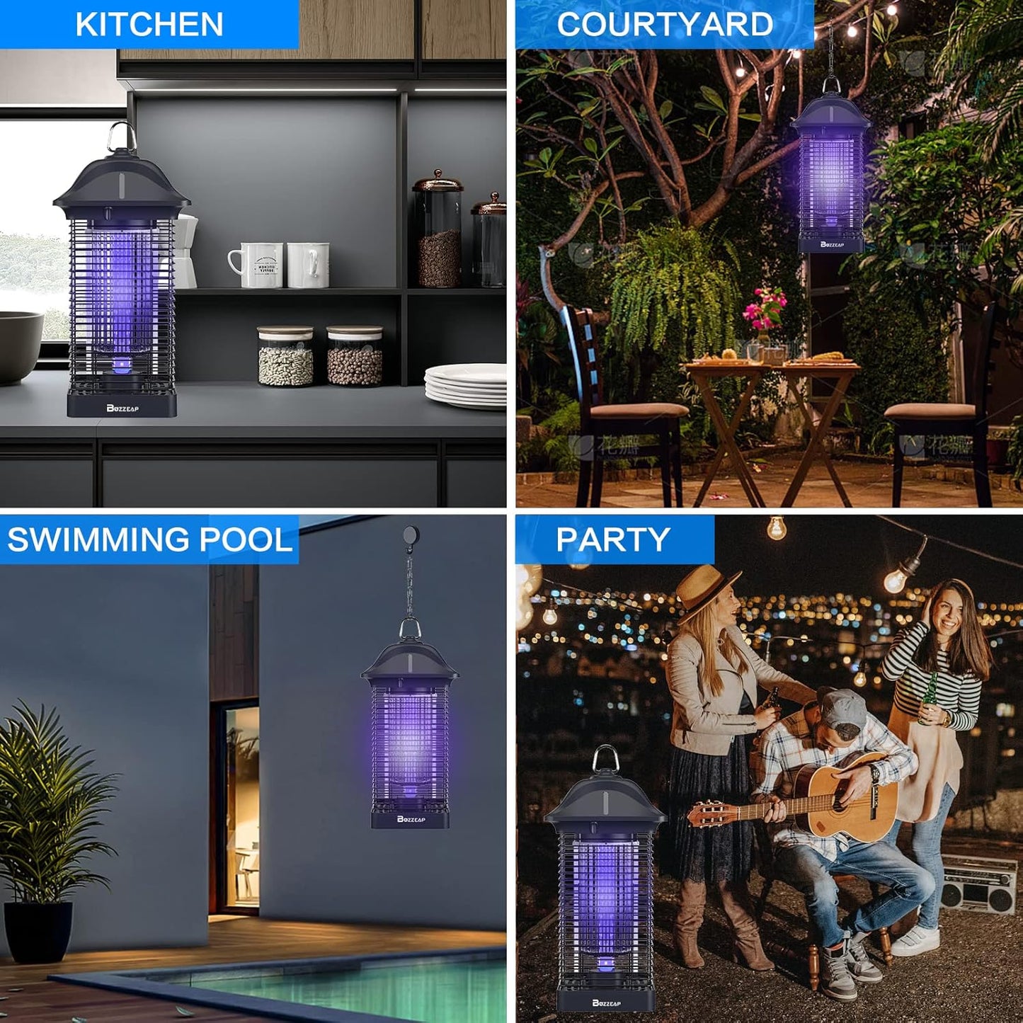 Buzzeap Mosquitoes Killer Lamp, 4200V Electric Bug Zapper, Electronic Mosquito Zapper, 360° Attract Electric Fly Catcher, for Home Backyard Camping, LED 365nm UV Light, IPX4 Waterproof, Non-Toxic