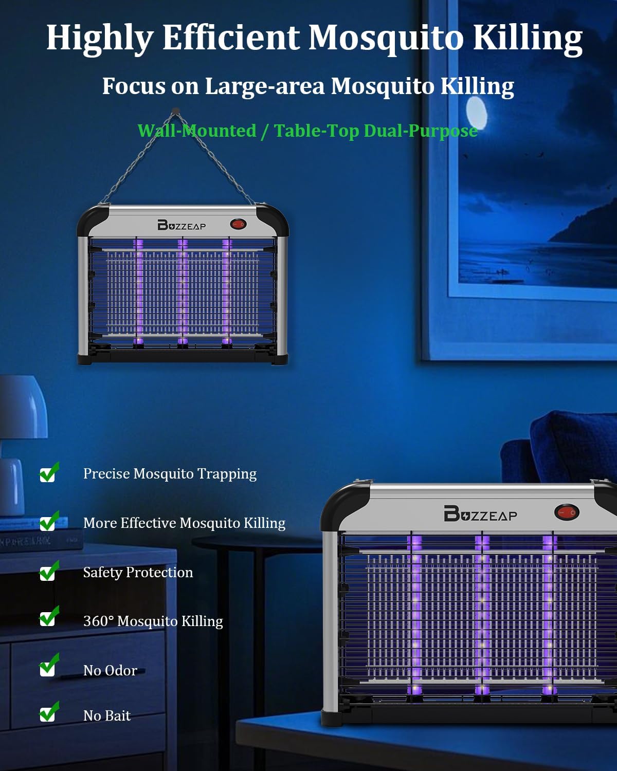 Buzzeap LED Fly Zapper，Fly Killer Indoor has Low Power Consumption,4200 V Strong Mosquito Zapper, 3 Bulbs，Insect Killer Does Not need to Replace The Bulb and Can be Used for a Long Time