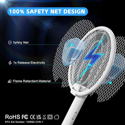 Buzzeap Electric Fly Swatter, Foldable 3 in 1 Electric Mosquito Swatter, Bug Mosquito Zapper with UV Light, 3 Layers Mesh Fly Zapper for Kitchen, Home, Garden and Outdoors